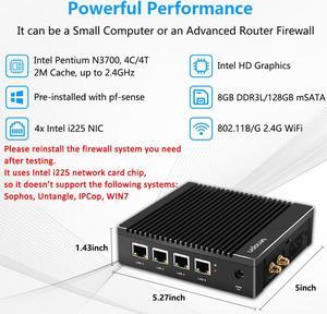 VNOPN Micro Firewall Appliance Intel N3700 Quad Core, 4 Intel 2.5GbE NIC Ports Fanless Mini PC, 4GB RAM DDR3, 64GB mSATA SSD, Network Soft Router Mini Computer, Support AES NI, WiFi