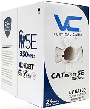 Vertical Cable Cat5e, 350 Mhz, UTP, UV Jacket, Outdoor, CMX, 1000ft, Bulk Ethernet Cable, White