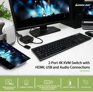 IOGEAR KVM 2-Port USB HDMI Cable KVM with Remote - 4096x2160 60Hz - Plug-n-Play - USB Hub and USB Peripheral Sharing - Attached HDMI and USB KVM Cables - Windows, Mac, and Linux - GCS92HU