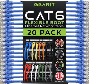 GearIT 20-Pack Cat6 Patch Cable 1 Foot Cat 6 Ethernet Cable Snagless Flexible Soft Tab - Preimum Series - Blue