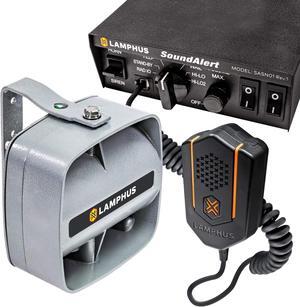 SoundAlert 12V 100W Police Siren PA System Kit [120-130dB Compact Speaker] [2 x 16A Aux Switch] [Hands-Free Air Horn] [PTT Mic] [Radio Rebroadcast] Warning Emergency Siren for Vehicle Tow Truck Van RV