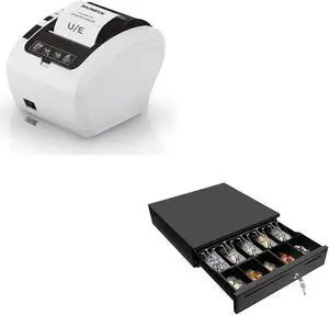 MUNBYN Receipt Printer, Thermal Receipt Printer Works with Windows Mac Chromebook Linux Cash Drawer and Black Cash Register Drawer, 16" Wide Cash Drawer with Removable Coin Tray