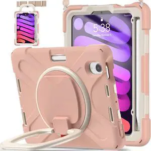 BATYUE Case for iPad Mini 7 (A17 Pro) 2024/ iPad Mini 6 (A15 Bionic) 2021 8.3 inch, Shockproof Case for iPad Mini 7th/6th Gen with Pencil Holder/ 360deg Swivel Stand/Shoulder Strap - Rosegold