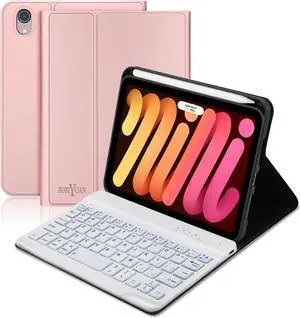 BORIYUAN iPad Mini (A17 Pro) 7th Keyboard Case 2024, Detachable Wireless Bluetooth Keyboard, Smart Slim Folio Cover with Build-in Pencil Holder for iPad Mini 7th/6th 2021 Generation 8.3 inch Rose Gold
