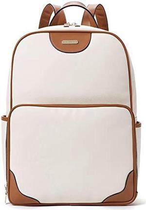 CLUCI Womens Laptop Backpack Leather 15.6 Inch Computer Backpack Large Travel Daypack Business Vintage Bag Off-white with Brown
