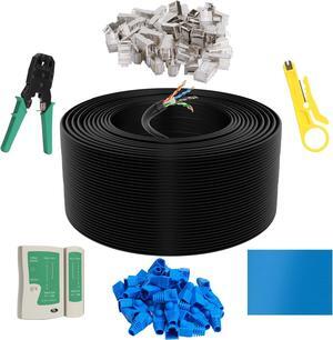 Cat6 Outdoor Ethernet Cable 1000 FT with Tool Kit, Heavy Duty Network Internet DIY Bulk Cord, Support Cat 6 Cat5e Cat5, UTP, CCA, Waterproof, PVC & LLDPE UV Double Jackets, in Wall, Direct Burial, POE