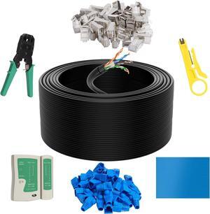 Cat6 Outdoor Ethernet Cable 500 FT with Tool Kit, Heavy Duty Network Internet DIY Bulk Cord, Support Cat 6 Cat5e Cat5, UTP, CCA, Waterproof, PVC & LLDPE UV Double Jackets, in Wall, Direct Burial, POE