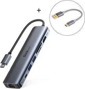USB C Hub Multiport Adapter, Dockteck 7-in-1 USB-C Hub with 4K 60Hz HDMI with Short USB C Cable 0.5 FT CableCreation USB A to USB C Cable