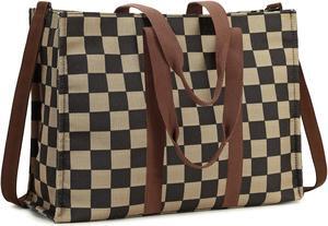 Laptop Tote Bag for Women Work Shoulder Bags 15.6 inch Canvas Lattice Laptop Computer Purse Messenger Teacher Handbag Business Office Briefcase(Khaki-Black)