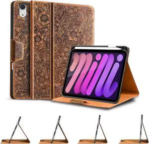Gexmil Genuine Leather Case for iPad mini 7 (A17 Pro) 2024 / iPad mini 6 Generation 2021 8.3 Inch,Magnetic Closure,Pencil Holder,Shockproof Cowhide Cover,Pencil 2 Wireless Charging,Flower Brown