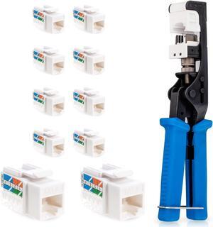Speed Termination Tool - Easy Punch Down with Stainless Steel Blades For 45 Degree RJ45 LAN Cat6 / Cat5e Keystone Jacks + 10 White Cat6 Keystones Jack Connectors Kit