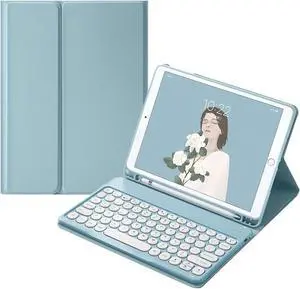 QIYIBOCASE Cute Keyboard Case for iPad Pro 11 2022 4th/3rd/2nd Generation,Round Keys Detachable Magnets Bluetooth Keyboard Case with Pencil Holder for Girly Women(Blue)