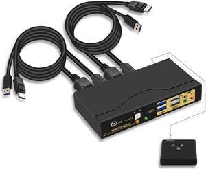 CKLau 2 Port USB 3.0 Displayport KVM Switch DP 1.4 for 2 Computers Support 4K@144Hz, 8K@30Hz with Audio and Cables Supports Keyboard Mouse Switching