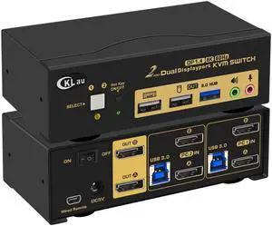 CKLau 2 Port USB 3.0 Dual Monitor KVM Switch Displayport 1.4 8K@30Hz 4K@144Hz, Display Port KVM Switch 2 Monitors with Audio, All Input and Output Cables Supports Hotkey Function