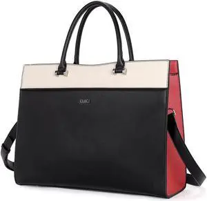 CLUCI Women Briefcase Leather Laptop Bag for Women 15.6inch Computer Bag Messenger Business Work Tote Black with Beige