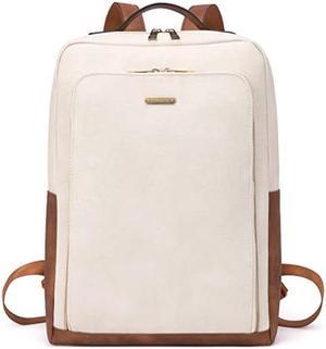 CLUCI Leather Laptop Backpack for Women 15.6 inch Computer Bag Large Travel Vintage Daypack Business Bags Off-white With Brown
