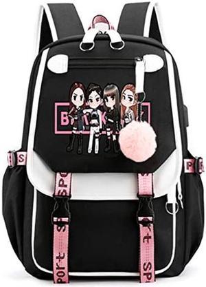 CUSALBOY Kpop Backpack Lisa Rose JISOO Jennie Shouler Bag Messenger Bag Fashion USB Charging Backpack (black 4)