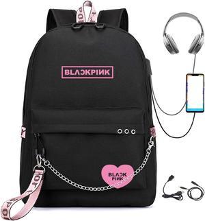 CUSALBOY Kpop Backpack Black,Pink Shouler Bag Messenger Bag Fashion USB Charging Backpack (black 5)