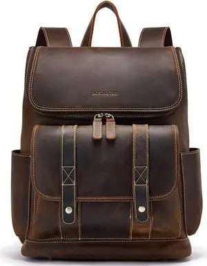 BOSTANTEN Leather Backpack for Men 15.6 inch Laptop Backpack Vintage Travel Office Bag Large Capacity Shoulder Bag Coffee