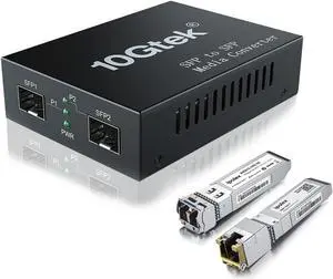 10G SFP+ to SFP+ Fiber Media Converter - 10G OEO Converter, Includes SFP+ LR Module and 10GBase-T Cooper Module, Supports Single Mode LC Fiber and CAT.6a/7, Fiber to Ethernet Transmission up to 10km