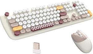 2.4G Full-Size Wireless Keyboard and Mouse Combo, Multi-Color Typewriter Style Round Keycap, Cute Candy Colors, Compatible with Notebook, PC (Milk Tea)
