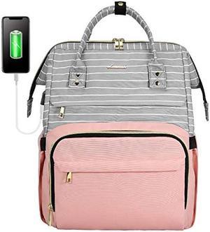 LOVEVOOK Laptop Backpack for Women Laptop Bag Computer Bag Teacher Work Bag Large Capacity Backpack Purse Rucksack,Stripe Grey and Pink, 17-Inch