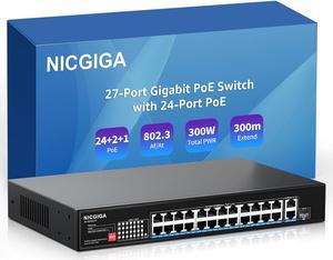 NICGIGA 24 Port Gigabit PoE Switch with 24 Port PoE+@300W, 2 Gigabit Uplink Port, 1 SFP, Sturdy Metal for Desktop/Rack Mount, AI Watchdog, VLAN Mode, Plug and Play, Unmanaged Power Over Ethernet
