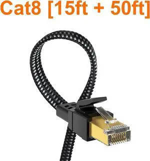 Orbram Cat 8 Ethernet Cable 15 ft & Cat 8 Ethernet Cable 50ft, Nylon Braided High Speed Heavy Duty Network LAN Patch Cord, 40Gbps 2000Mhz SFTP RJ45 Flat Internet Cable Shielded in Wall