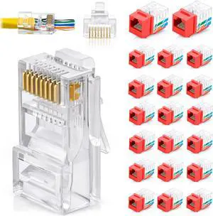 GTZ Bundle - 2 Items: RJ45 Cat6 Keystone Jacks, 20 Pack - Red + RJ45 Cat6 Pass Through Connectors, Pack of 50