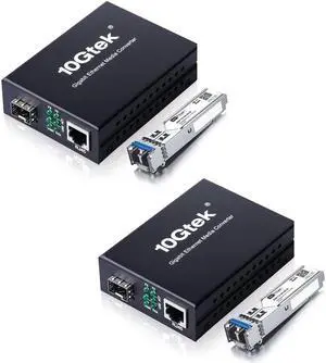 A Pair of Gigabit Single Mode LC Fiber Media Converter, with 2 Pcs SFP LX Modules, 1.25G/s Fiber to Ethernet Converter, 1000Base-LX to 10/100/1000base-TX, SFP to RJ45, SMF, 1310nm, up to 20km