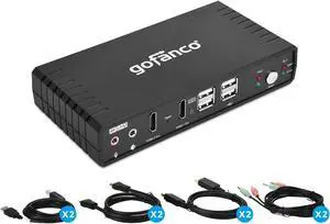 gofanco Dual Monitor HDMI 2.0 KVM Switch (2 Port) - 2x HDMI Extended Display, 4K 60Hz 4:4:4, HDCP 2.2, [HDMI or DisplayPort Input] Keyboard & Mouse Switcher with USB 2.0 Hub and Audio, Cables Included