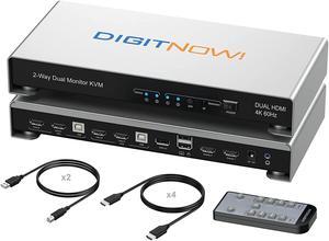 KVM Switch 2 Monitors 2 Computers, 4K@60Hz Dual Monitor KVM Switch HDMI 2 Port Extended Display, Audio & Microphone, EDID Emulators, Hotkey & Remote & Button Switch, with Input Cables