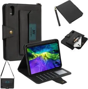 Wallet case for iPad Pro12.9 inch 6th/5th/4th Generation case PU Leather with Shoulder Strap Pen Holder Hand Strap Card Holder Pocket Kickstand(Black)
