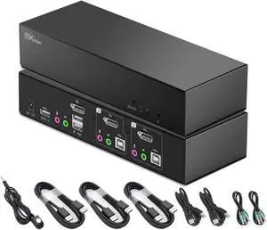 KVM Switch DisplayPort 1 Monitor 2 Computers, 4K DP KVM with USB 2.0 Port, Audio Out, Hotkey, Wired Switch Button, EDID Emulation, 2 PCs Share 1 Monitor Keyboard Mouse Printer Scanner,Cables Included