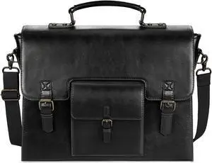 Leather Messenger Bag for Men Women 15.6 Inch Waterproof Vintage Leather Laptop Briefcase Large Satchel Shoulder Bag Office Travel College Computer Laptop Bag, Black