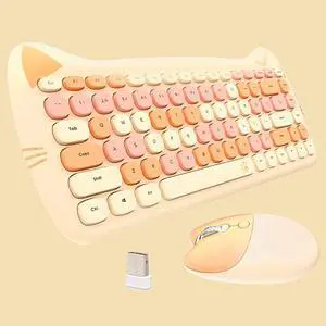 Cute Cat 2.4G USB Wireless Keyboard and Mouse Combo, Silent Keys, Candy Colors, Compatible with Notebook, PC (MilkTea-84Keys)