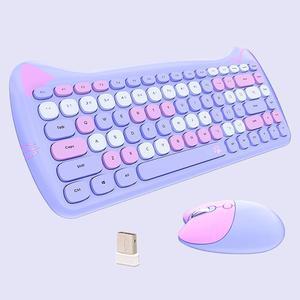 Cute Cat 2.4G USB Wireless Keyboard and Mouse Combo, Silent Keys, Candy Colors, Compatible with Notebook, PC (Purple-84Keys)