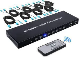 TCNEWCL 8 Port KVM Switch HDMI, 4K@30Hz 8 in 1 Out HDMI KVM Switch for 8 PC Sharing 1 HD Monitor and 4 USB Devices with IR Remote & 8 HDMI Cables