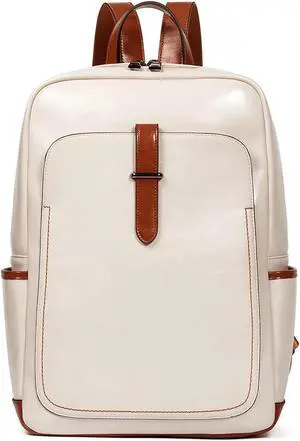 Telena Vegan Leather Laptop Backpack for Women 15.6 inch Computer College Travel Daypack Bag Beige