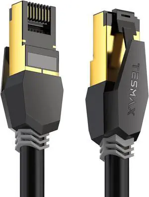 Tesmax Cat 8 Ethernet Cable 40 FT, 26AWG 40Gbps 2000Mhz Ultra Speed Cat8 LAN Network Cable SFTP Patch Cord with Gold Plated RJ45 Connector, Weatherproof UV Resistant for Gaming/Router/Modem/PC/Switch
