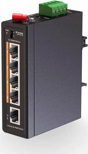 MokerLink 5 Port PoE+ Industrial Din Rail Switch, 4 Ports PoE+ IEEE802.3af/at, 1 Uplink, 10/100Mbps Fast Ethernet, DIN-Rail & Wall Mount Included