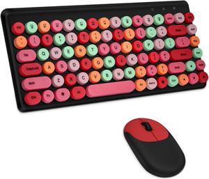 Wireless Keyboard and Mouse Combo, TRELC 2.4GHz Cute Keyboard with Slim Mouse, Mini 86-Key Retro Round Keys Keyboard, Typewriter Keyboard for PC, Desktop, Computer, Notebook, Laptop (Black-Colorful)
