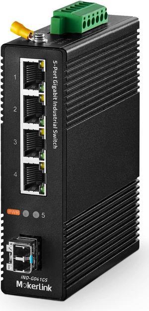 MokerLink 5 Port Gigabit Industrial DIN-Rail Network Switch, 4 Gigabit Ethernet, 1 Gigabit SFP Slot with 20KM LC Module, IP40 Rated Network Switch (-40 to 185degF), with UL Power Supply