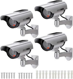 PreZiouz Solar Powered Fake Security Cameras, Bullet Dummy Security Camera, Simulated Surveillance Camera with Flashing Light and CCTV Stickers for Home Businesses Indoor/Outdoor (4 Packs, Silver)