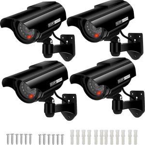 PreZiouz Solar Powered Dummy Security Camera, Bullet Fake Security Cameras, Simulated Surveillance System with Red LED Light and CCTV Stickers for Home Businesses Indoor/Outdoor (4 Packs, Black)
