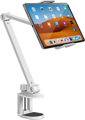 NueZoo iPad Stand Holder Mount, Aluminum Long Arm Tablet Clamp Mount for Desk, 360deg Swivel Phone Holder for Bed, Compatible with 4.5-13inch Mobile Phone and Tablet - White