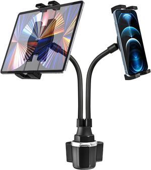 woleyi Cup Holder Tablet Mount for Car, [Double Device Clamp] Dual iPad Phone Car Mount with 10" Gooseneck Adjustable Arm for iPad Pro 12.9 Air Mini, Galaxy Tabs, iPhone, 4-13" Cell Phones and Tablets