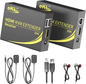 eKL KVM Extender HDMI USB 60m/196ft Over UTP Cat5e/6 Ethernet Cable Supports 1080P@60Hz 2 Port USB 2.0 for Computer Plug & Play Without Driver