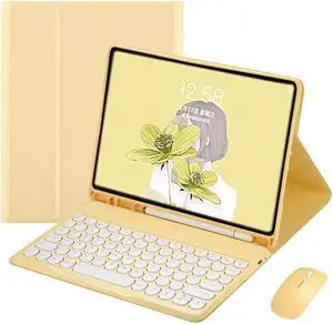 PboyiqiS Keyboard Case for iPad Air 11 inch (M3 2025/M2 2024)/Air 5th 4th Generation with Mouse, Cute Round Keys Detachable Keyboard Case with Pencil Holder, Yellow