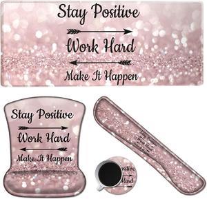 Large Mouse Pad Gaming & Memory Foam Keyboard Wrist Rest Pad & Mouse Wrist Cushion & Coasters Set, Ergonomic XL Art Rose Gold Mousepad for Computer Laptop, Stay Positive Work Hard and Make It Happen